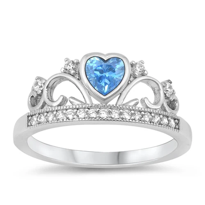 Sterling Silver Heart Crown Aquamarine And Clear CZ Ring
