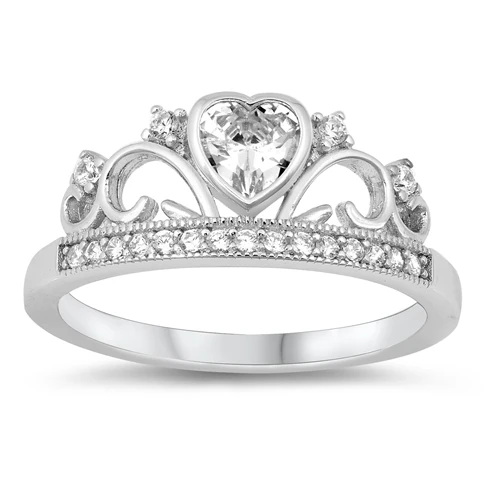Sterling Silver Rhodium Plated Heart Crown Clear CZ Ring