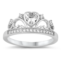 Load image into Gallery viewer, Sterling Silver Rhodium Plated Heart Crown Clear CZ Ring