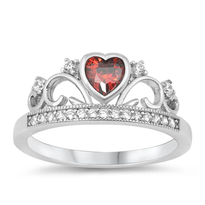 Sterling Silver Heart Crown Garnet And Clear CZ Ring