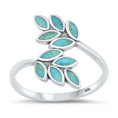 Sterling Silver Rhodium Plated Leaves Genuine Turquoise Stone Ring