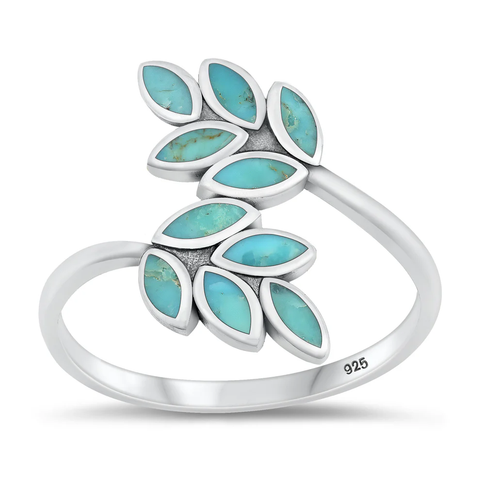 Sterling Silver Rhodium Plated Leaves Genuine Turquoise Stone Ring