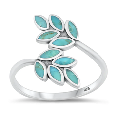 Sterling Silver Rhodium Plated Leaves Genuine Turquoise Stone Ring