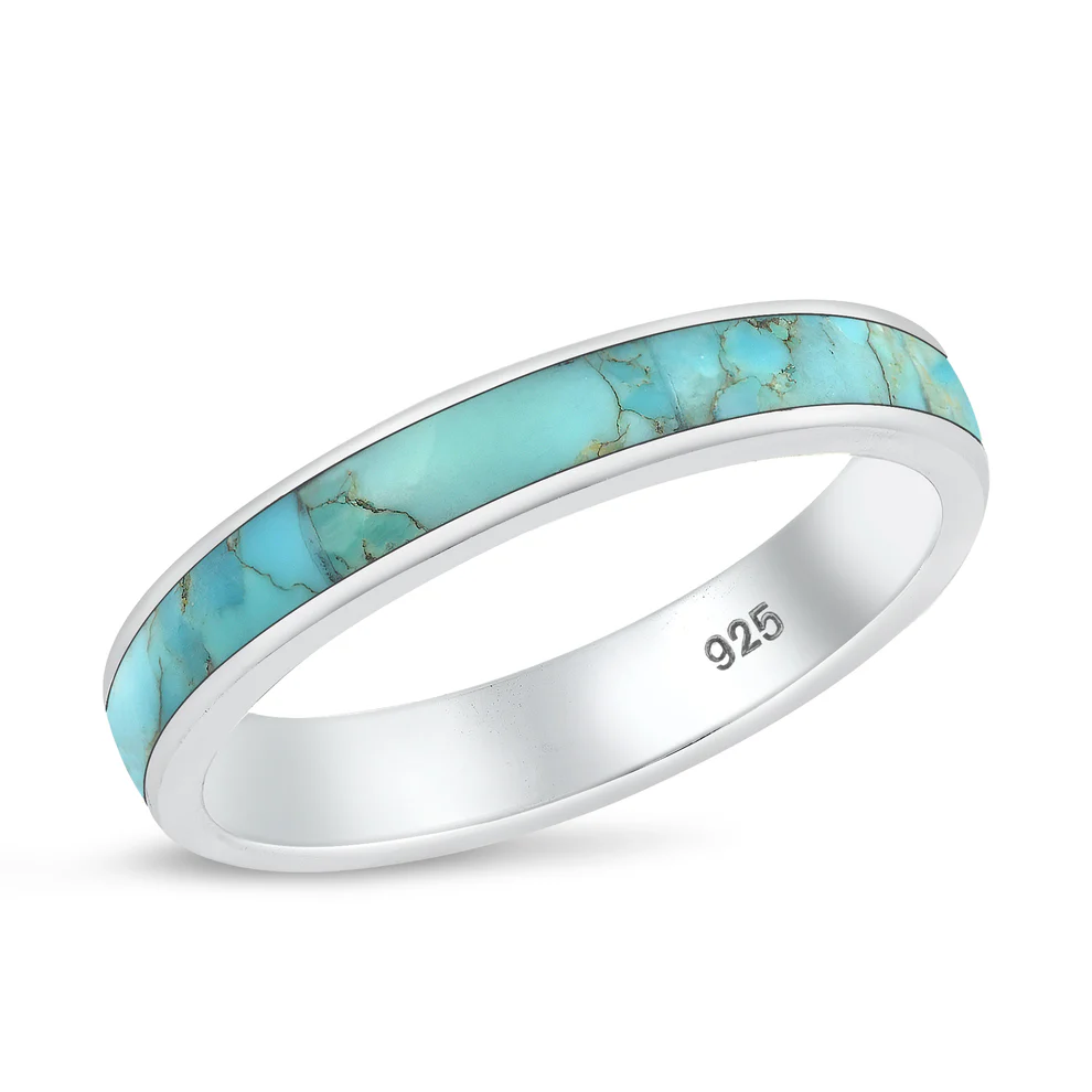 Sterling Silver Polished 4mm Wedding Band Genuine Turquoise Stone Ring