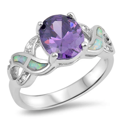 Sterling Silver Oval White Lab Opal And Amethyst CZ Ring