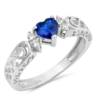 Sterling Silver Heart Blue Sapphire And Clear CZ Ring