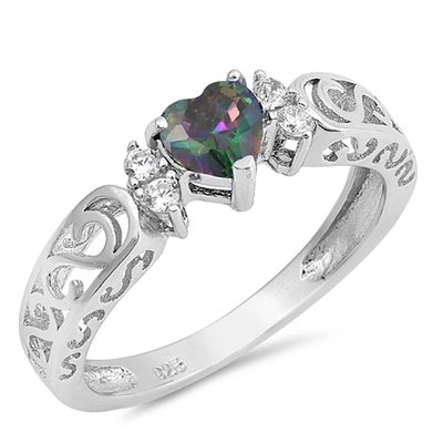 Sterling Silver Rhodium Plated Heart Rainbow Topaz And Clear CZ Ring
