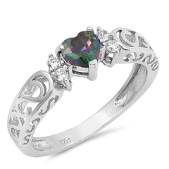 Sterling Silver Rhodium Plated Heart Rainbow Topaz And Clear CZ Ring