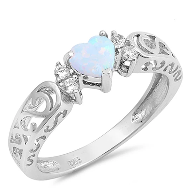 Sterling Silver Heart White Lab Opal And Clear CZ Ring