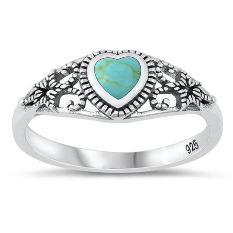 Sterling Silver Oxidized Heart and Stars Genuine Turquoise Ring-7mm