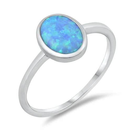 Sterling Silver Oval Light Blue Lab Opal Ring