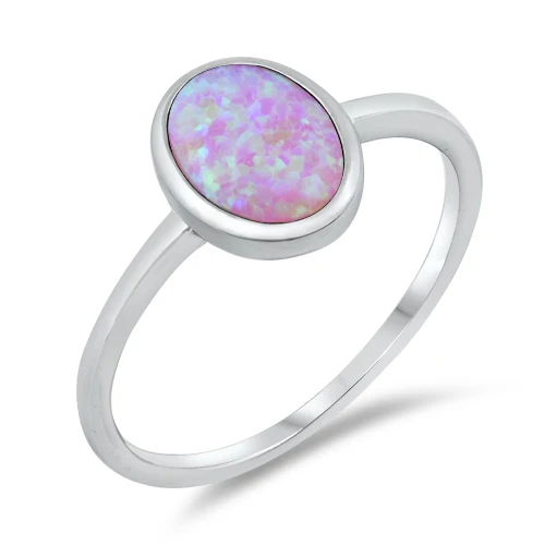 Sterling Silver Oval Pink Lab Opal Ring