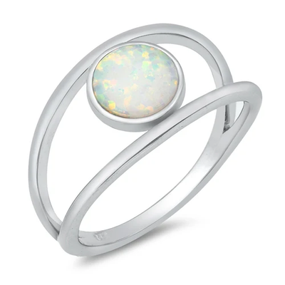 Sterling Silver Round White Lab Opal Ring