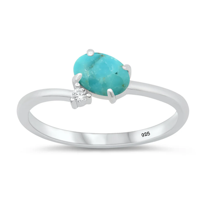 Sterling Silver Rhodium Plated Genuine Turquoise And Clear CZ Stone Ring