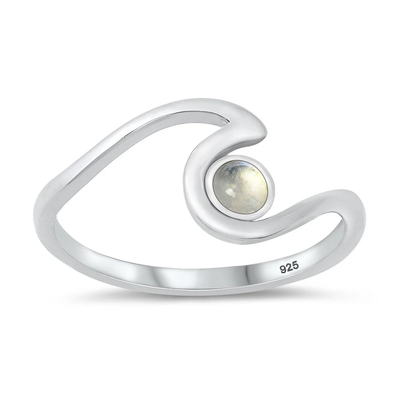 Sterling Silver Rhodium Plated Ocean Wave Moonstone Stone Ring