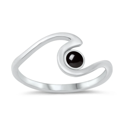 Sterling Silver Rhodium Plated Wave Black Agate Stone Ring