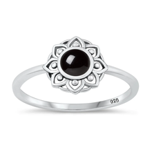 Load image into Gallery viewer, Sterling Silver Oxidized Flower Black Agate Stone Ring