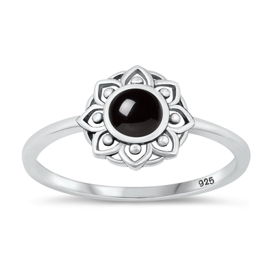 Sterling Silver Oxidized Flower Black Agate Stone Ring