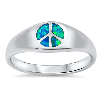 Sterling Silver Peace Sign Blue Lab Opal Ring