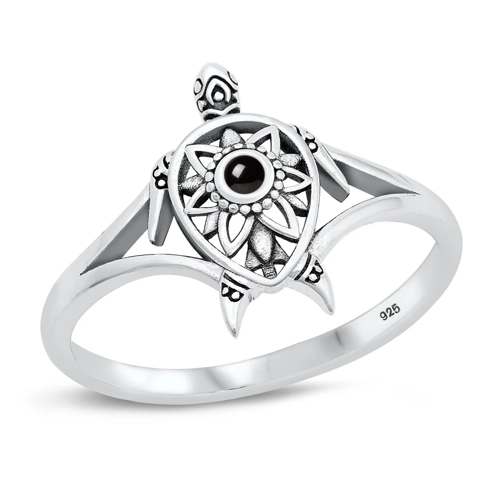Sterling Silver Oxidized Turtle Black Agate Stone Ring
