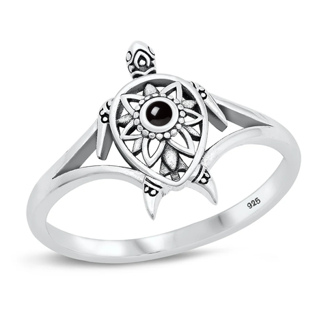 Sterling Silver Oxidized Turtle Black Agate Stone Ring