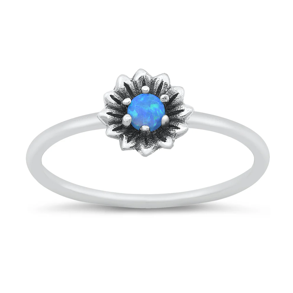 Sterling Silver Oxidized Flower Blue Lab Opal Ring