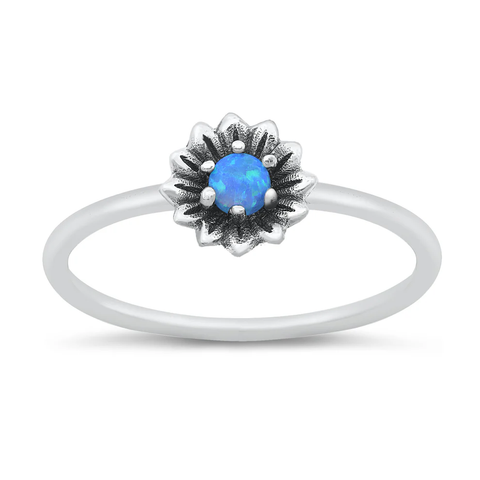 Sterling Silver Oxidized Flower Blue Lab Opal Ring