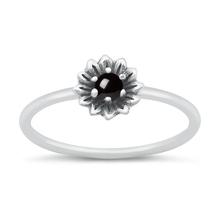 Load image into Gallery viewer, Sterling Silver Oxidized 7mm Flower Black Agate Stone Ring
