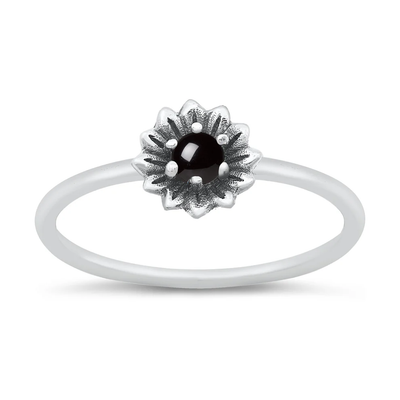 Sterling Silver Oxidized 7mm Flower Black Agate Stone Ring