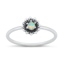 Load image into Gallery viewer, Sterling Silver Oxidized Flower White Lab Opal Ring
