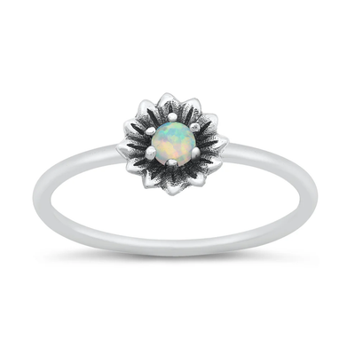 Sterling Silver Oxidized Flower White Lab Opal Ring