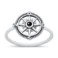 Sterling Silver Oxidized Compass Black Agate Stone Ring
