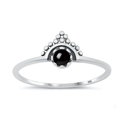 Sterling Silver Oxidized Beaded Crown Black Agate Stone Ring