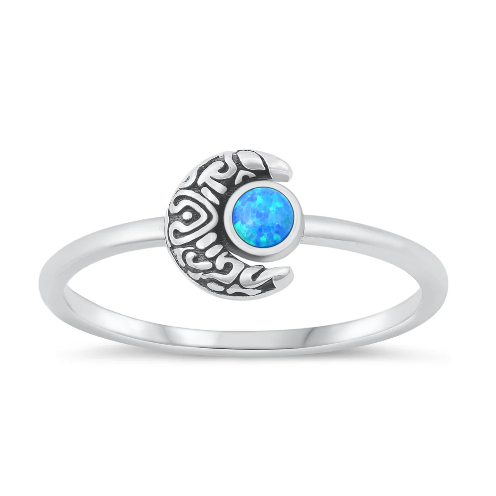 Sterling Silver Oxidized Crescent Moon Blue Lab Opal Ring