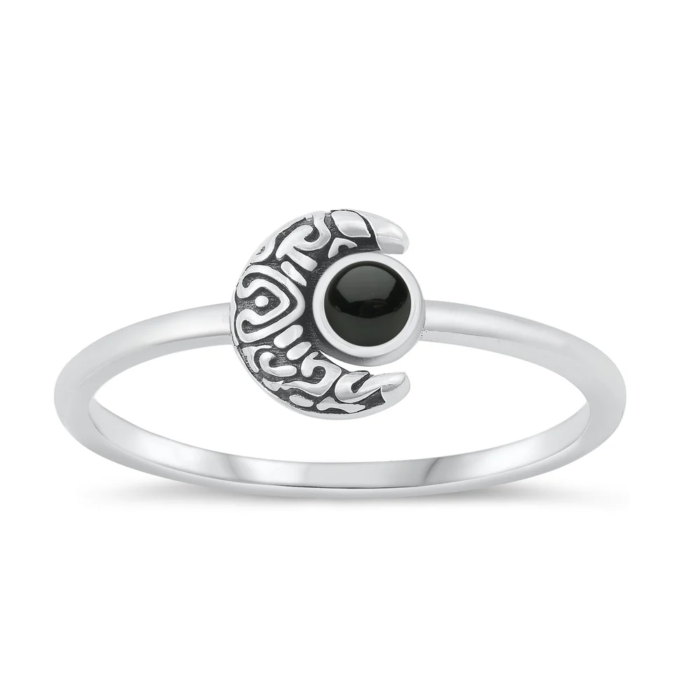 Sterling Silver Oxidized Crescent Moon Black Agate Stone Ring
