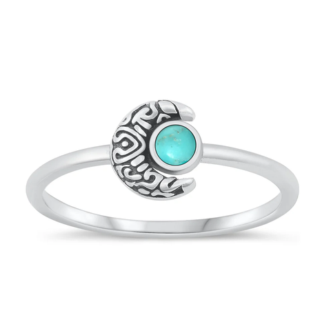 Sterling Silver Oxidized Crescent Moon Genuine Turquoise Stone Ring