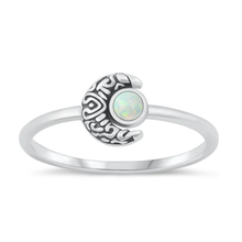 Load image into Gallery viewer, Sterling Silver Oxidized Crescent Moon White Lab Opal Ring