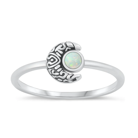Sterling Silver Oxidized Crescent Moon White Lab Opal Ring