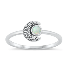 Sterling Silver Oxidized Crescent Moon White Lab Opal Ring