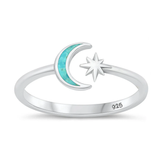 Sterling Silver Rhodium Plated Moon And Star Genuine Turquoise Stone Ring