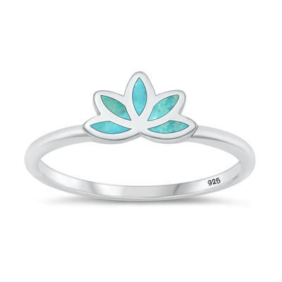 Sterling Silver Rhodium Plated Lotus Genuine Turquoise Stone Ring