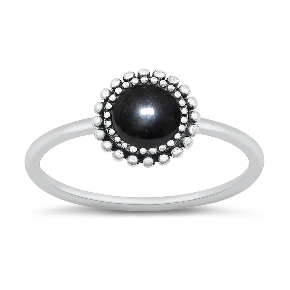 Sterling Silver Oxidized Round Black Agate Stone Ring