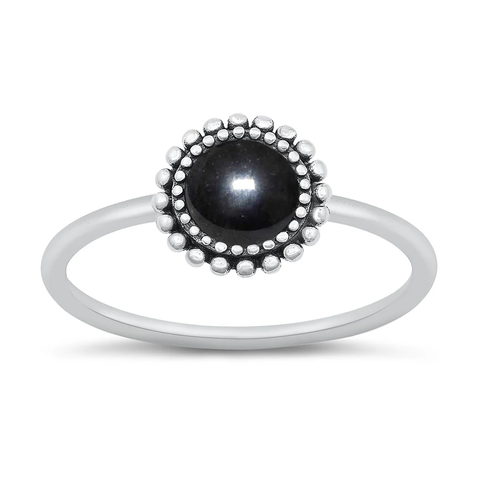 Sterling Silver Oxidized Round Black Agate Stone Ring