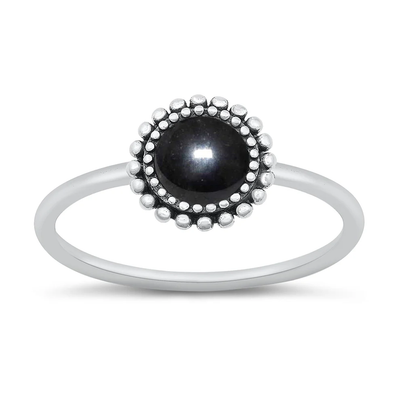 Sterling Silver Oxidized 9.4mm Round Black Agate Stone Ring