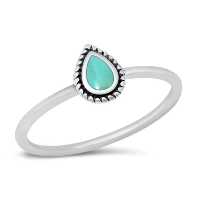Sterling Silver Oxidized Drop Genuine Turquoise Stone Ring