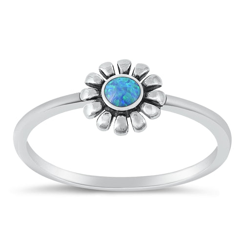 Sterling Silver Oxidized Blue Lab Opal Flower Ring