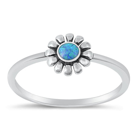 Sterling Silver Oxidized Blue Lab Opal Flower Ring