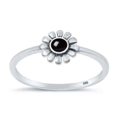 Sterling Silver Oxidized 7.5mm Flower Black Agate Stone Ring