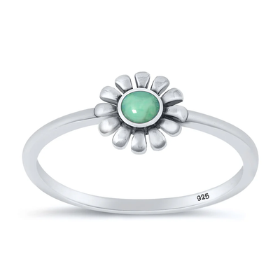 Sterling Silver Oxidized 7.5mm Flower Genuine Turquoise Stone Ring