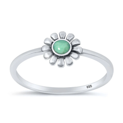 Sterling Silver Oxidized 7.5mm Flower Genuine Turquoise Stone Ring